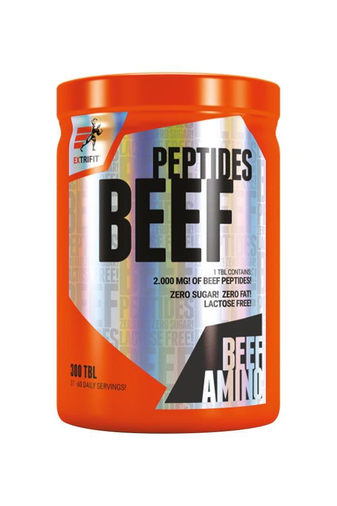 Extrifit Beef Peptides supplement container with 300 tablets, zero sugar, high protein.