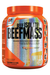 Extrifit Beefmass protein powder container for muscle gain with beef isolate, flavor: vanilla caramel, 1500 grams.