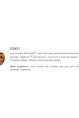 Ingredients list for beef protein isolate cookies, including maltodextrin, dextrose, and enzymes.
