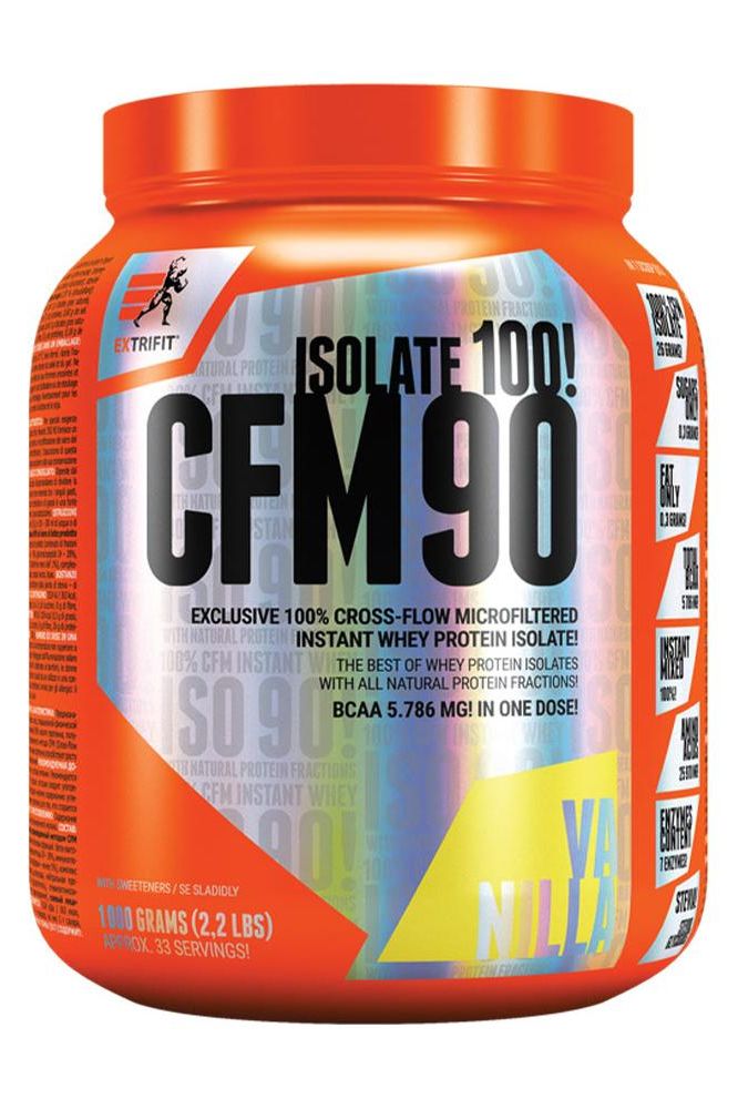 Extrifit CFM 90 Isolate 100 protein powder in vanilla flavor, 1000 grams, showing nutritional benefits and packaging details.