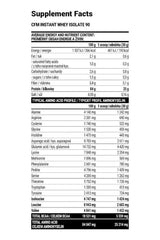 Supplement facts for Extrifit CFM Instant Whey Isolate 90, detailing nutrients and amino acid profile.