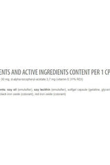 Ingredient list for dietary supplement capsule showing soy oil, soy lecithin, and vitamin E content.