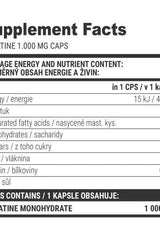 Supplement Facts for Extrifit Creatine Monohydrate Caps containing 1000 mg per capsule.