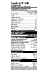 Supplement facts label for Extrifit Express Energy Gel detailing nutrients and energy content per packet.