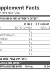 Supplement facts for Extrifit Gluta Pure, showing nutrient content per 100g and per teaspoon.