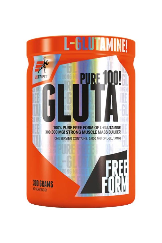 Extrifit Gluta Pure 100% L-Glutamine supplement jar, 300 grams, designed for muscle recovery and mass building.
