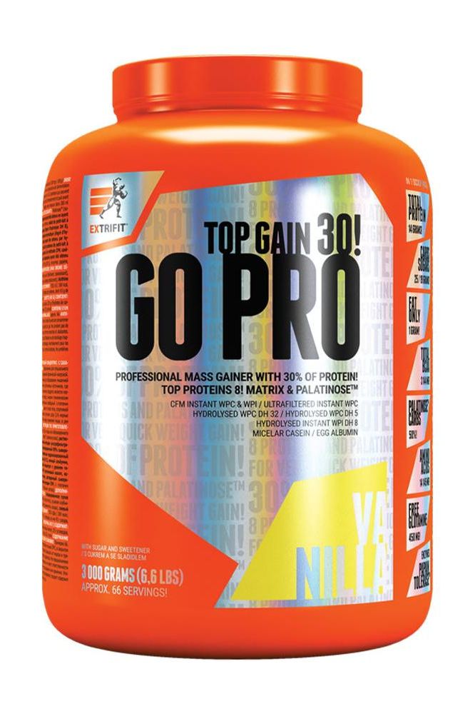 Extrifit Go Pro 30 Vanilla protein powder, 3000g mass gainer for muscle building and strength gain.