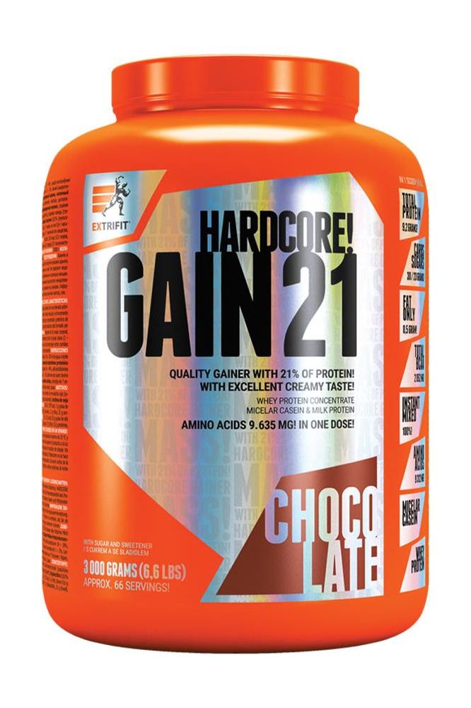 Extrifit Hardcore Gain 21 protein gainer in chocolate flavor, 3090 grams, for muscle gain and recovery.