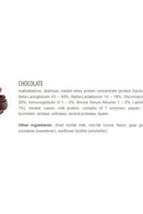 Ingredient list for Hardcore Gain 21 chocolate flavor, highlighting proteins and enzymes for optimal recovery.