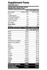 Supplement facts for Extrifit Hardcore Gain 21 showing nutritional information and amino acid profile.