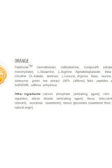 List of ingredients for the orange flavor of Hellnox® supplement, including amino acids and energy sources.