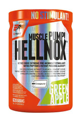 Extrifit Hellnox pre-workout supplement jar in Green Apple flavor, promotes muscle growth and increased blood circulation.