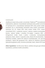 Chocolate flavor whey protein concentrate with various amino acids and vitamins for muscle recovery and growth.