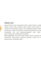 Ingredient list for orange juice, including glucose-fructose syrup, vitamins, and minerals.