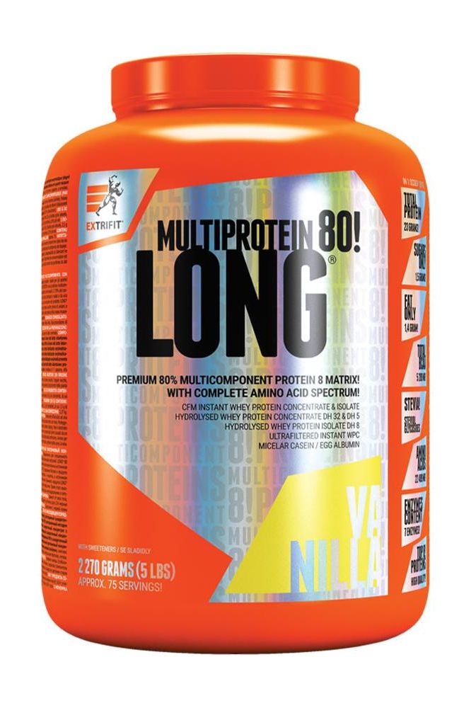 Extrifit Long 80 Multiprotein 270 grams in vanilla flavor for muscle building and recovery.