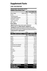 Supplement facts for Extrifit Long 80 Multiprotein with nutritional information and amino acid profile.