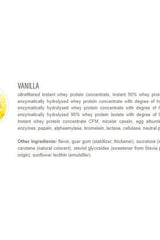 Vanilla protein powder ingredients list featuring whey protein concentrate and hydrolyzed enzymes.
