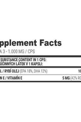 Supplement facts for Extrifit Omega-3 1000 mg capsules, detailing EPA, DHA, and Vitamin E content.