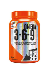 Extrifit Omega 3-6-9 supplement bottle containing 100 capsules for heart, brain, and vision health.