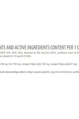 Nutritional information of Omega 3-6-9 capsules, detailing active ingredients and their amounts per capsule.