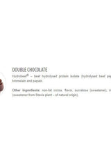 Double Chocolate Hydrobeef protein isolate with ingredients list, including cocoa and natural sweeteners.