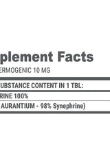 Supplement facts for Extrifit SYNE 10MG Thermogenetic Burner, highlighting synephrine content and dosage.
