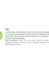 Ingredients list for Kiwi flavor product including L-carnitine, taurine, and green tea extract.