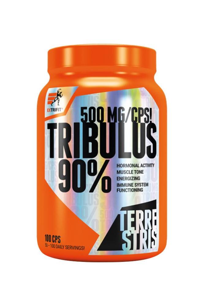 Extrifit Tribulus 90% supplement bottle, 100 capsules for hormonal activity and muscle tone support.