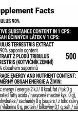 Supplement facts label for Extrifit Tribulus 90% showcasing active substances and nutrient content.