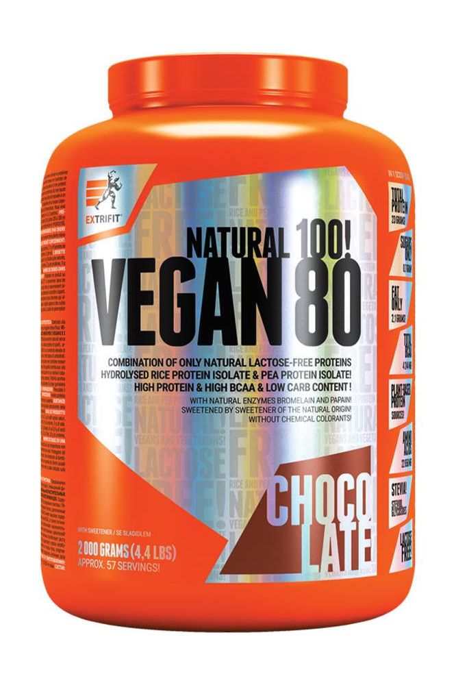 Extrifit Vegan 80 protein powder in Chocolate flavor, low fat, lactose-free, plant-based protein source.