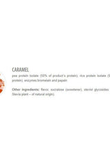 Ingredient list for vegan protein flavor: Caramel, featuring pea and rice protein isolates.