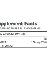 Supplement facts for Extrifit Vita-C 1000MG Time Release with Rose Hips, detailing vitamin C and rose hip extract content.