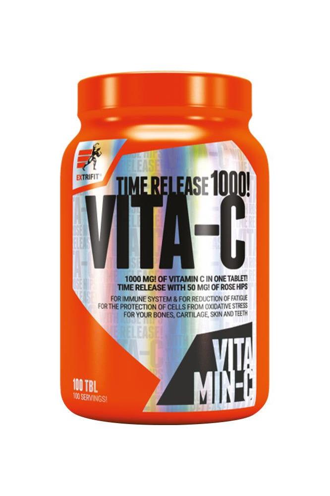 Extrifit Vita-C 1000MG Time Release Tablets for immune support and antioxidant protection, 100 tablets in a container.