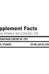 Supplement facts for Extrifit Vita-E 400 IU listing vitamin E content per capsule.