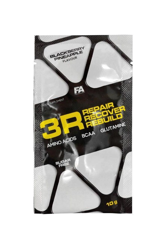 FA 3R Repair Recover Rebuild sample pack, Blackberry Pineapple flavor, sugar-free, 10g, designed for muscle recovery and rebuilding. FA 3R Repair Recover Rebuild sample pack, Blackberry Pineapple flavor, sugar-free, 10g, designed for muscle recovery and rebuilding.
