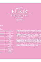 FA Beauty Elixir Caviar Collagen Powder label detailing ingredients and nutritional information for skin and hair benefits.