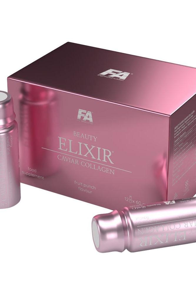 FA Fitness Authority Beauty Elixir Caviar Collagen Shot packaging with two collagen supplement bottles.