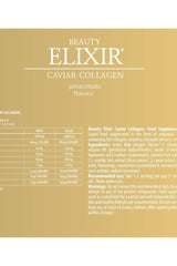 Beauty Elixir Caviar Collagen dietary supplement label in piña colada flavour, featuring ingredients and benefits.