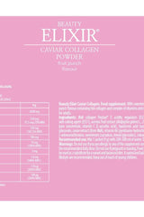Nutrition label for Beauty Elixir Caviar Collagen powder, detailing ingredients and benefits for skin and hair health.