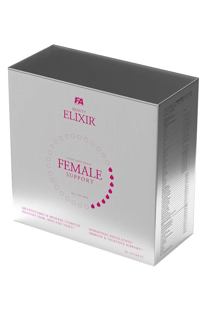 FA Beauty Elixir Female Support box, 30 sachets, designed for women's health, skin, hair, and nail support.