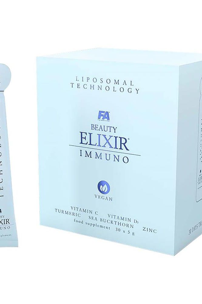 FA Beauty Elixir Immuno packaging with 30 sachets, featuring Vitamin C, D, and Sea Buckthorn for immune support.