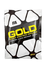 FA Gold Whey Protein Isolate sample pack in chocolate flavor, 30g, high protein, zero sugar, fitness supplement