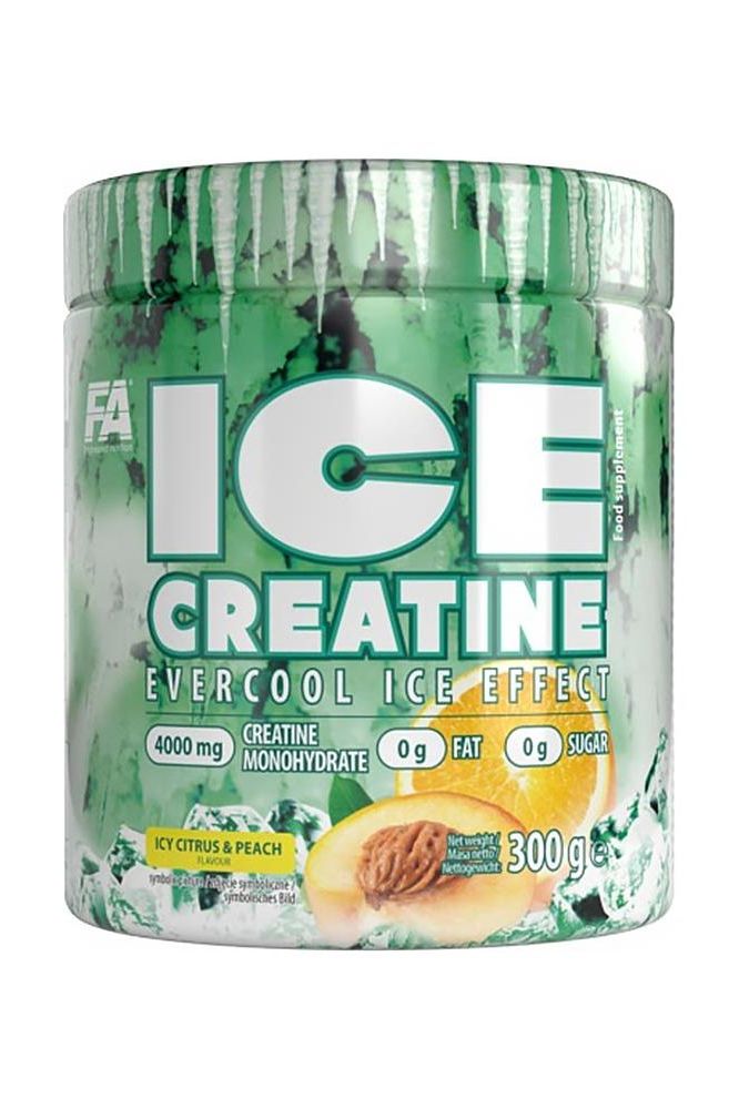 FA ICE Creatine in a green tub, featuring 4000 mg creatine monohydrate, no sugar or fat, with icy citrus and peach flavor.