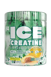 FA ICE Creatine in a green tub, featuring 4000 mg creatine monohydrate, no sugar or fat, with icy citrus and peach flavor.