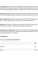 Nutritional information for FA Fitness Authority ICE Creatine showing flavors and ingredient details.