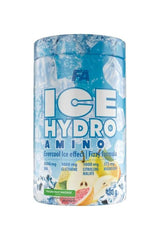 FA Fitness Authority Ice Hydro Amino powder container with aminos and fruit flavor, promoting muscle protein synthesis.