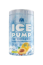 FA Ice Pump Pre Workout container showcasing its icy blue design and benefits for enhanced muscle pump and vascularity.
