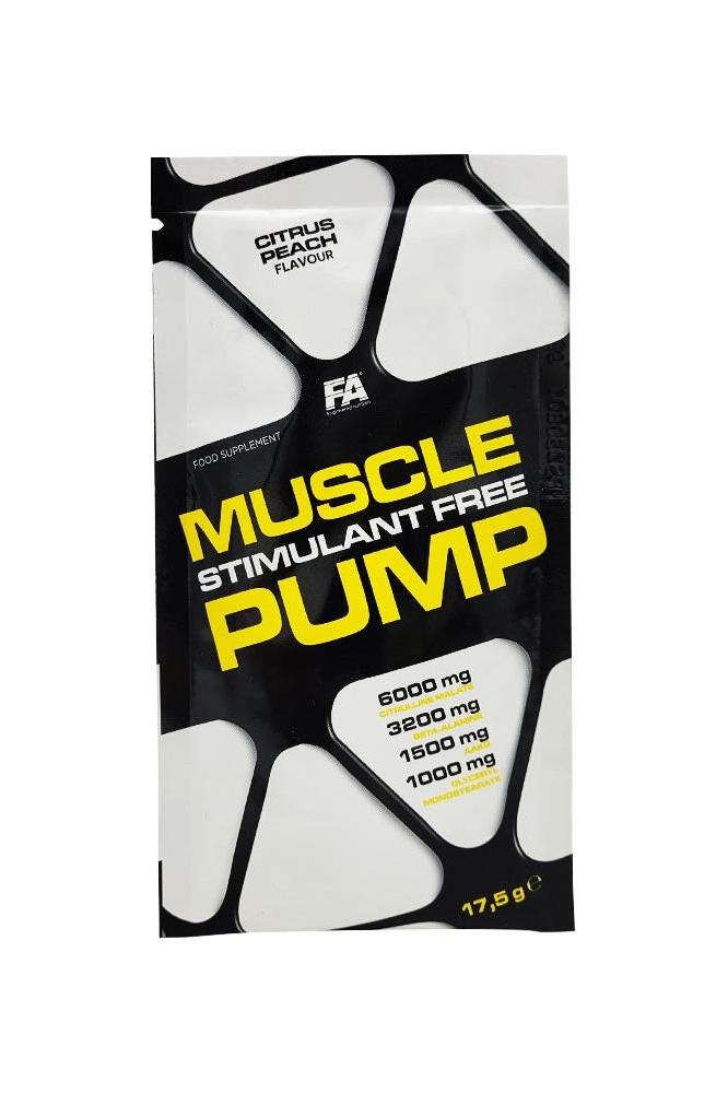 FA Muscle Pump Stimulant Free sample packet with citrus peach flavor, highlighting 6000 mg, 3200 mg, 1500 mg, and 1000 mg doses.