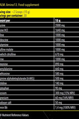 Nutritional information for FA Fitness Authority Napalm Amino13 food supplement showing amino acids and mineral content.
