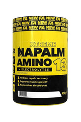 FA Napalm Amino13 supplement container for hydration, recovery, and muscle growth with electrolytes